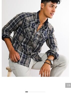 Buckle Black Men's Grey and Navy Plaid Button-Down Shirt